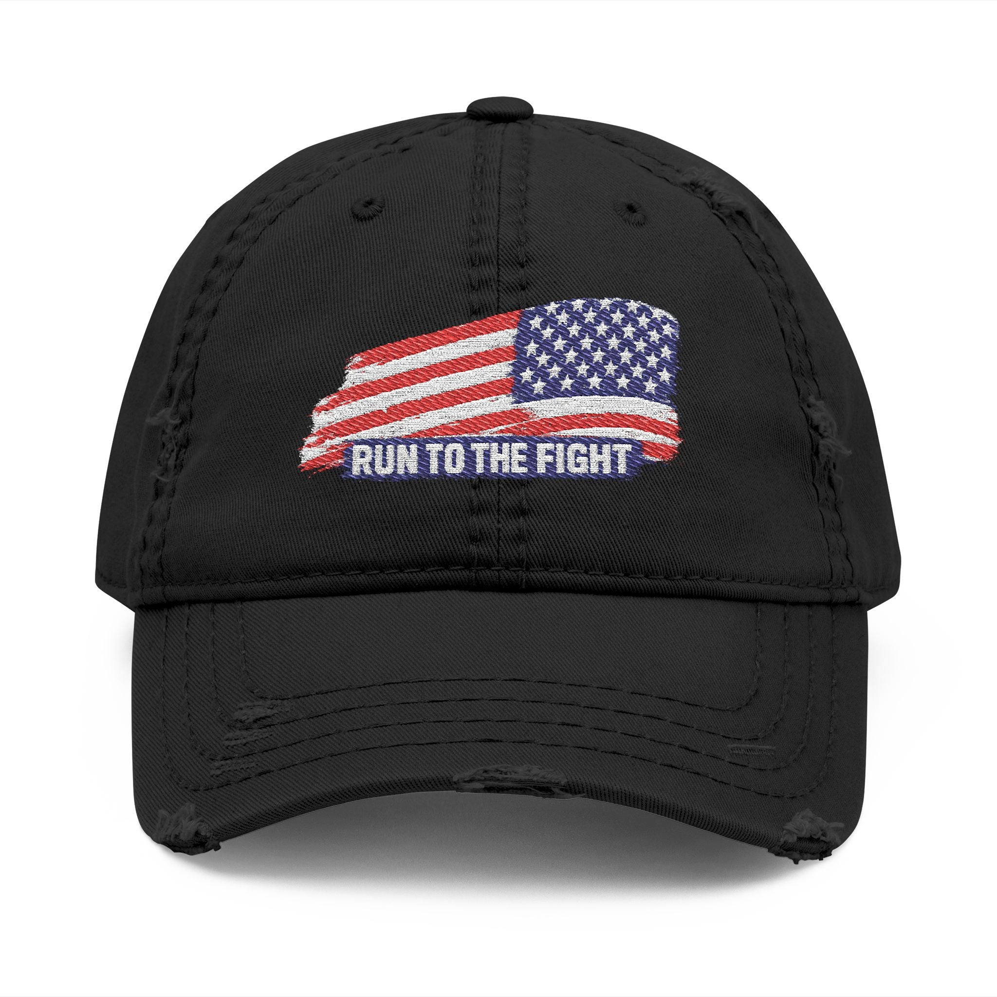 Distressed Embroidered Dad Hat — American Flag "Run to the Fight"
