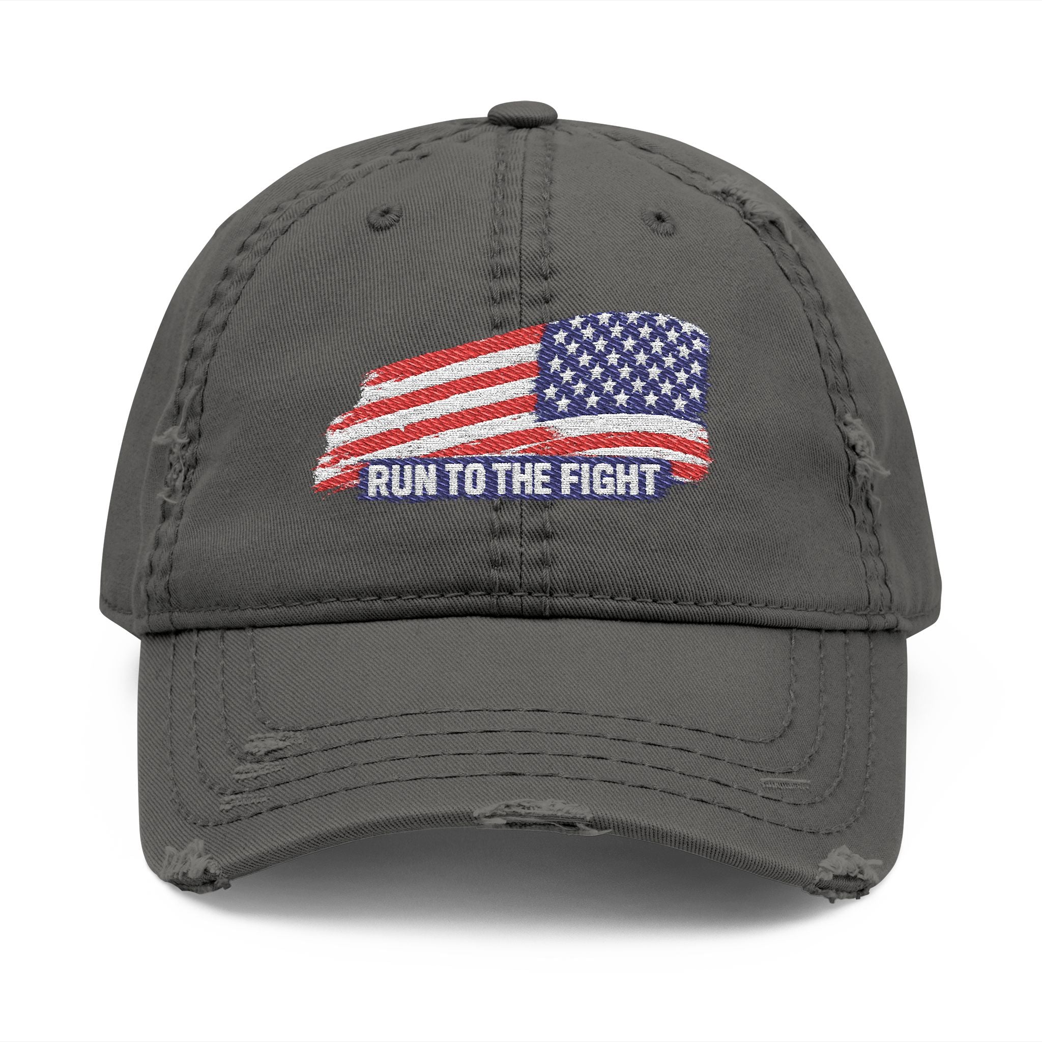 Distressed Embroidered Dad Hat — American Flag "Run to the Fight"