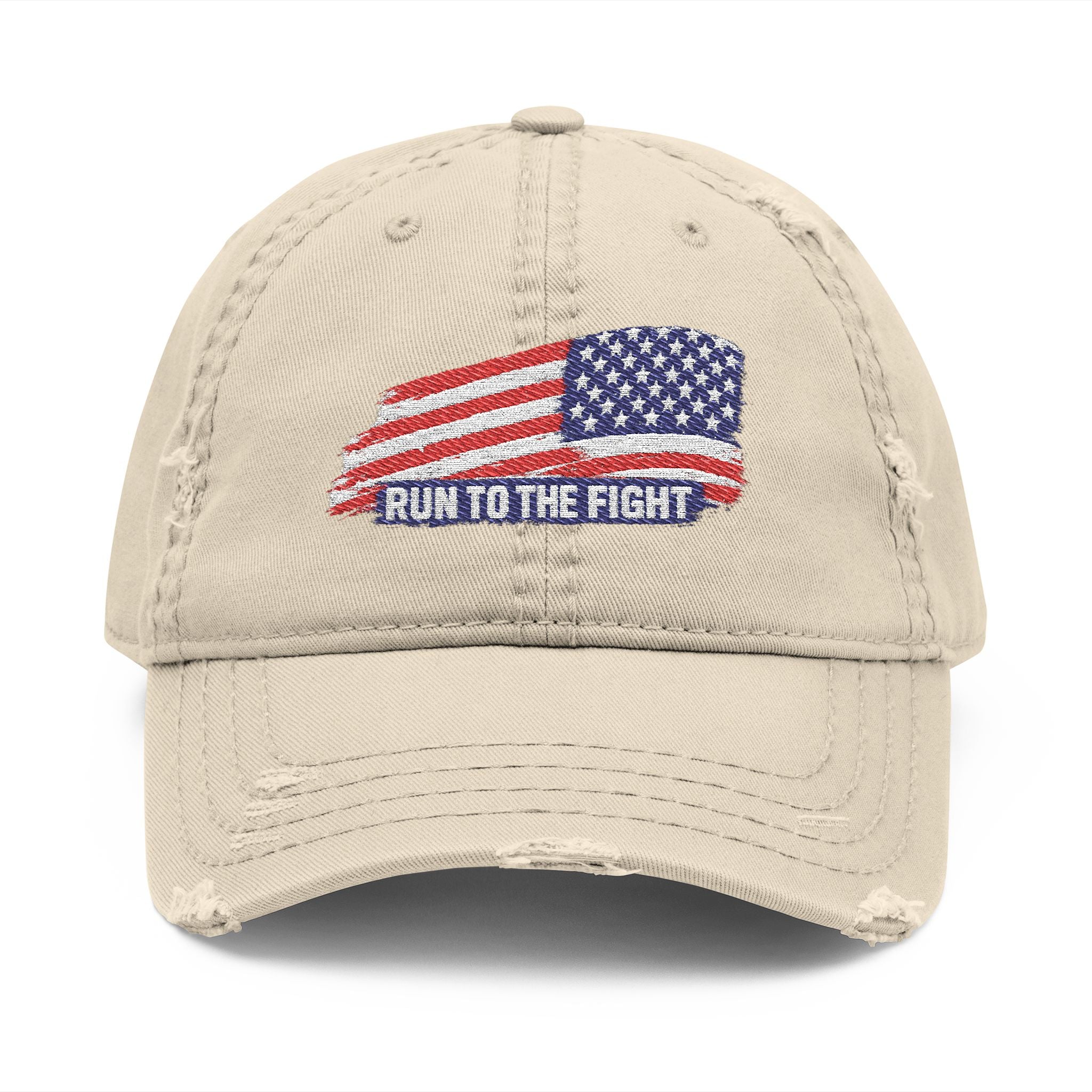 Distressed Embroidered Dad Hat — American Flag "Run to the Fight"